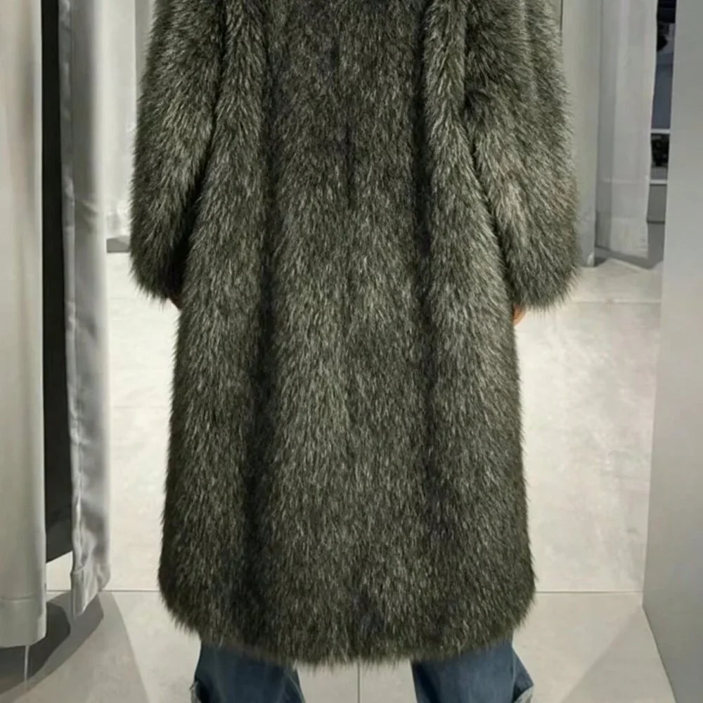 Green Casual Women's Dyed Tip Long Faux Fur Lapel Jacket - Picture 3 of 5